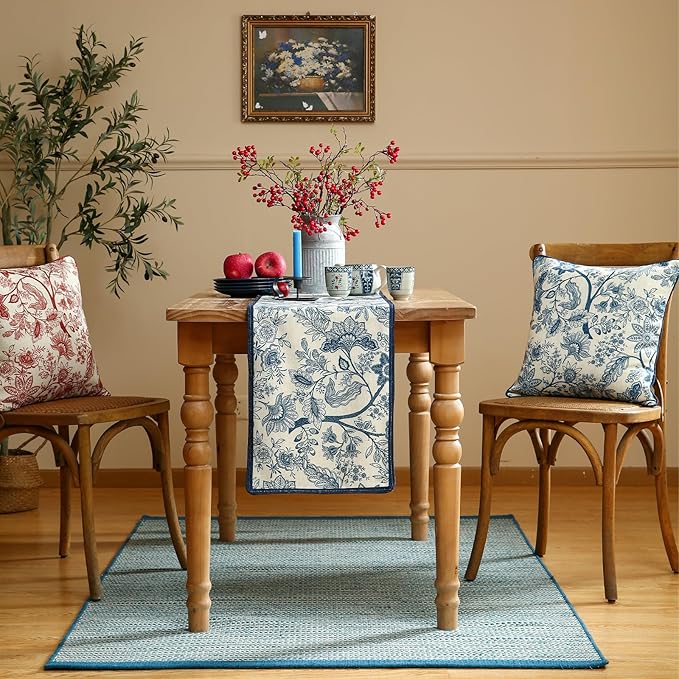 ISAENNE Designer Chinoiserie Elegant Linen Extra Long Table Runner 118 Inches - Image 3
