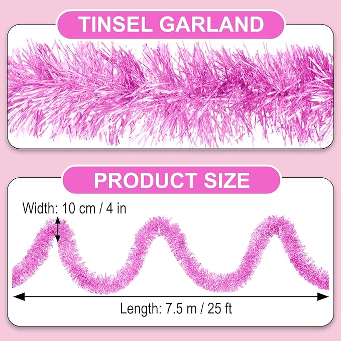 25 Feet Macaron Pink Christmas Tinsel Garland, Metallic Foil Twist Garland Wall - Image 2