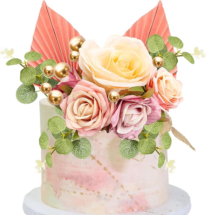 Gyufise 22Pcs Rose Artificial Flower Leaves Cake Topper Decorations Gold by Gyufise