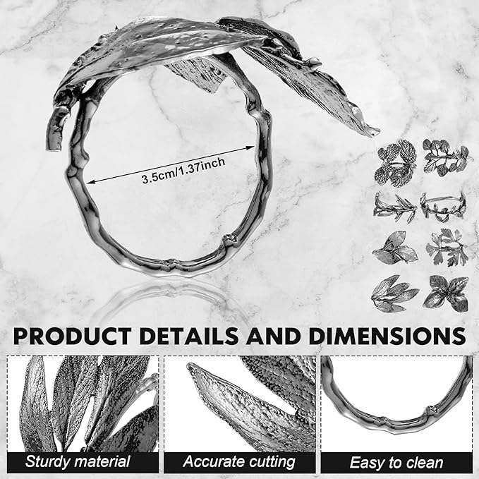 Cunhill 8 Pieces Herb Napkin Rings Set Vintage Leaf Napkin Holders Rings Glossy - Image 2