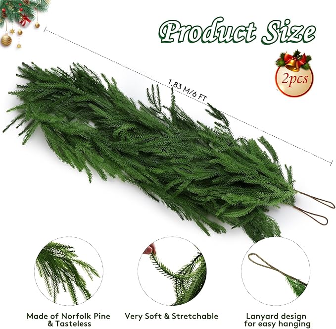 2 Pack Christmas Norfolk Pine Garlands 6FT, Real Touch Artificial Greenery - Image 6