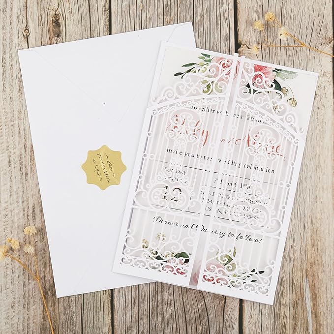 50Pcs White Laser Cut Invitations Fence Wedding Invitations Pocket - Image 4