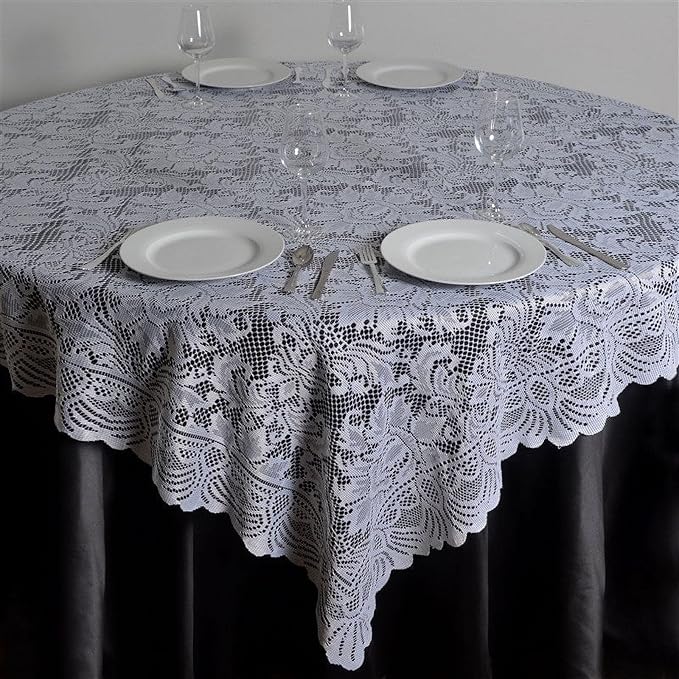 Efavormart 90" x 90" White Square Lace Table Overlay - Image 5