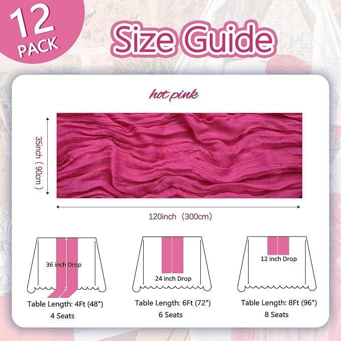 12 Pack Hot Pink Cheesecloth Table Runner 10ft Boho Gauze Fabric Cheese Cloth - Image 2
