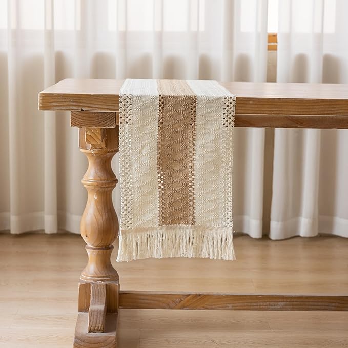 Boho Table Runner Cream Beige Brown - Image 5
