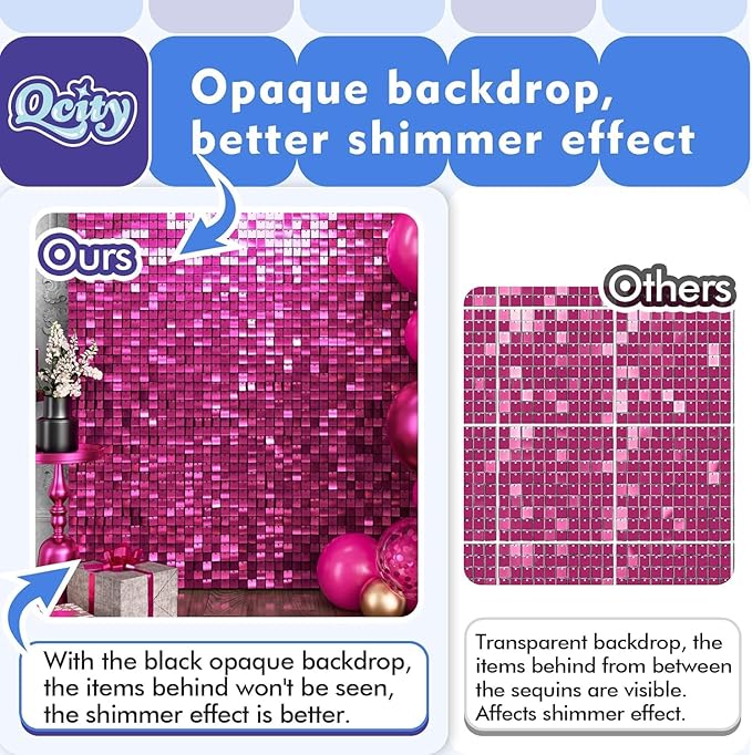 Qcity Hot Pink Shimmer Wall Backdrop 36PCS, Square Sequin Glitter Backdrop Panel - Image 9