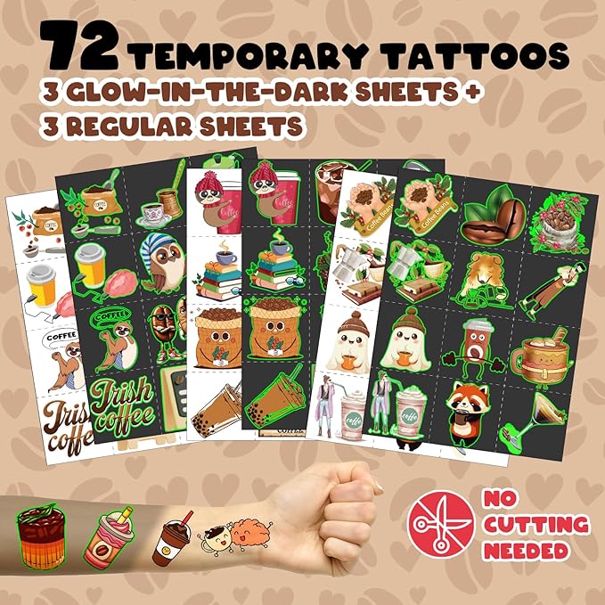 96 PCS Coffee Party Favors Set – 72 Pre-Cut Temporary Tattoos & 24 Slap - Image 3