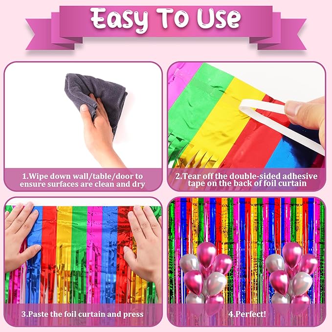 4 Pack 3.3x8.2 Feet Rainbow Foil Fringe Backdrop Curtains, Tinsel Streamers - Image 4