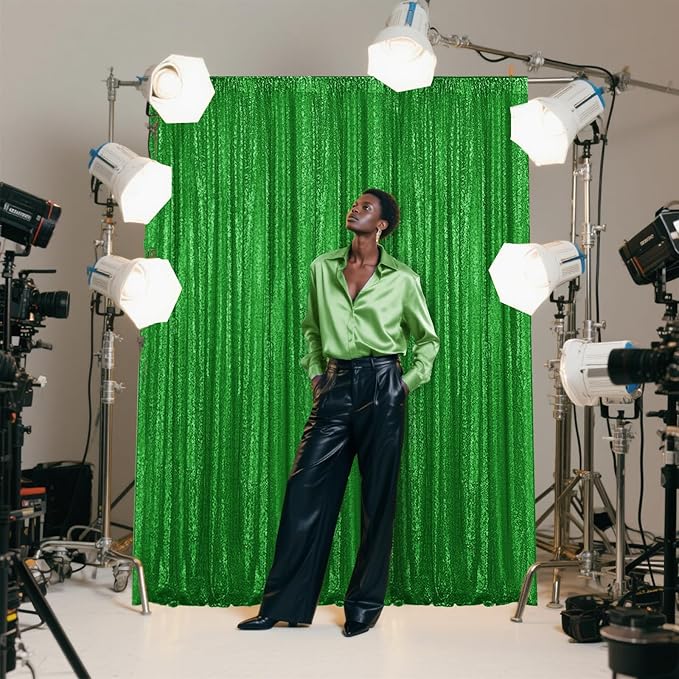 Green Sequin Backdrop Curtain 2 Pieces 2FTx8FT Glitter Photography Backdrop - Image 7