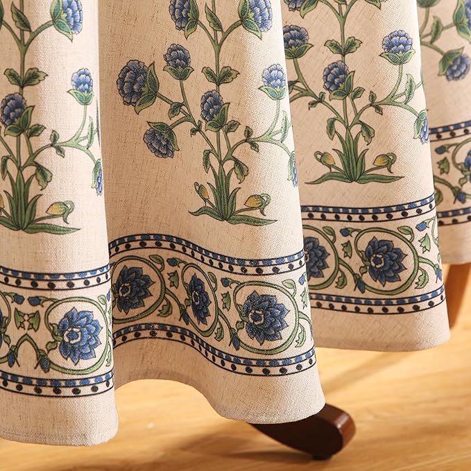 patdrea Designer Linen Blue Round Tablecloth, Vintage Leaves Pattern Floral - Image 8