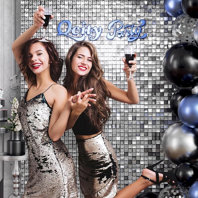 Qcity Silver Shimmer Wall Backdrop 24PCS, Square Sequin Glitter Backdrop Panel - Image 8