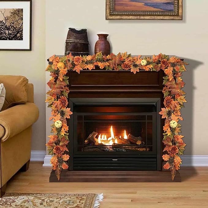 Artificial Fall Maple Leaves Garland Hanging Vine 6Ft Fake Pumpkin Pine Berries - Image 6