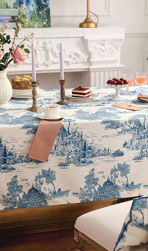 patdrea Designer Vintage Cyan Rectangle Small Tablecloth, Linen Ancient Castle - Image 4