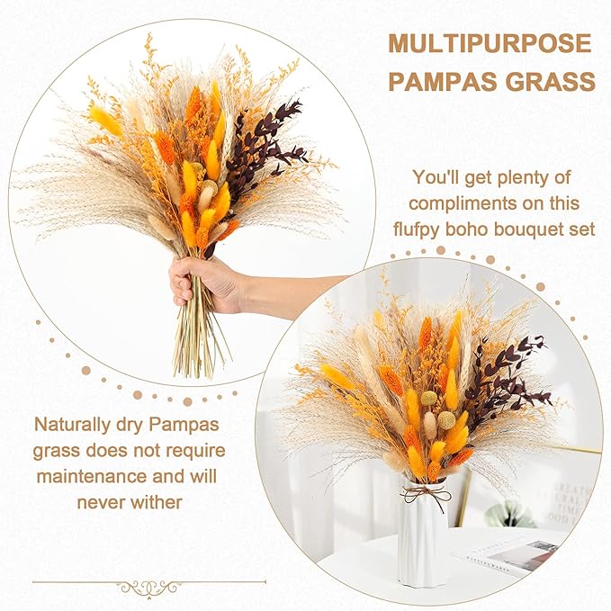 Fall Home Decor 104Pcs Orange Pampas Grass Autumn Dried Flowers Decorations - Image 5