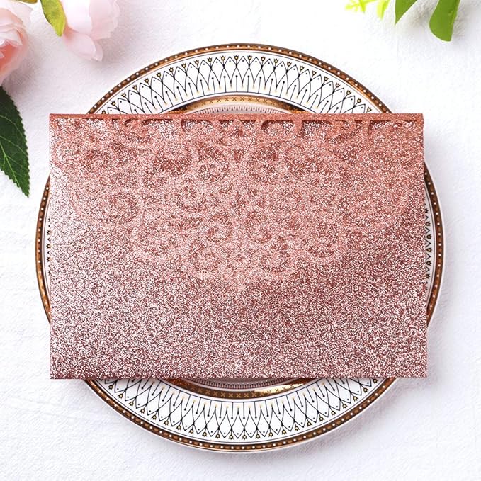 PONATIA 5.12 X 7.2 Rose Gold Glitter Wedding Invitations - Image 2