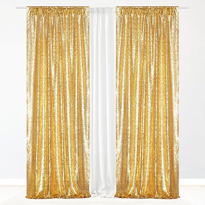 Eternal Beauty Gold Sequin Backdrop Curtains, Shimmer Back Drop 2Panels-2FTx8FT - Image 2