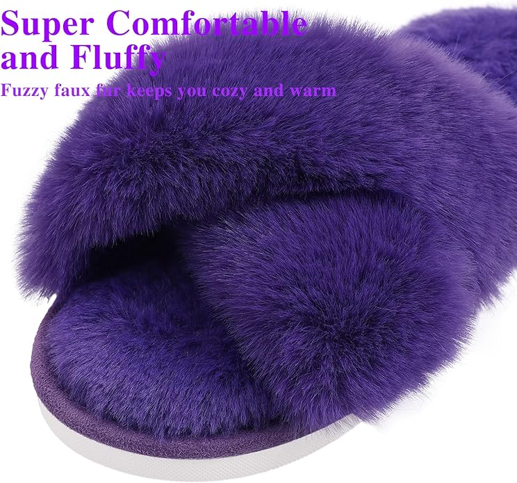 Evshine Women's Fuzzy Slippers Cross Band Memory Foam House Slippers Open Toe - Image 3