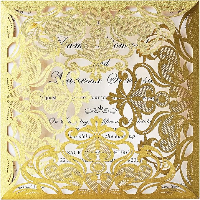 Hosmsua 6.3 x 6.3 Inch 50PCS Gold Glitter Laser Cut Wedding invitation Cards by Hosmsua