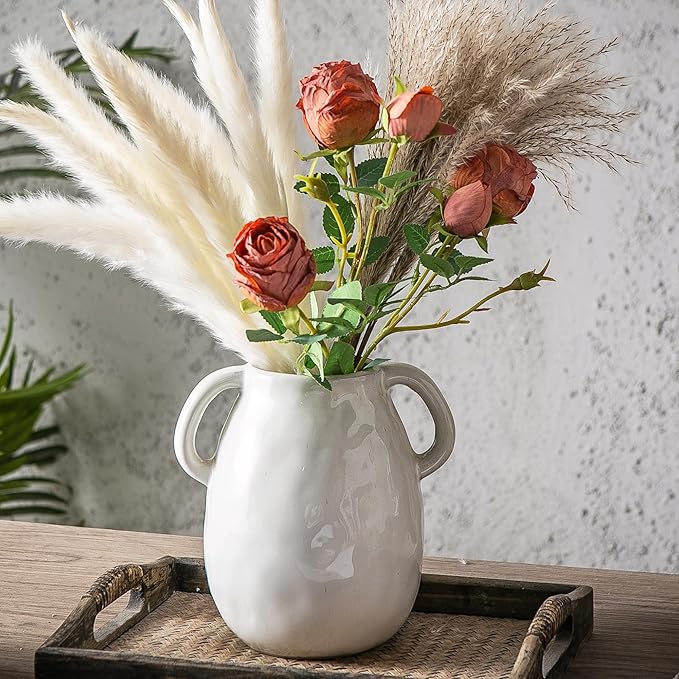 Kimdio White Ceramic Vase with 2 Handles, Modern Farmhouse Vases - Image 2