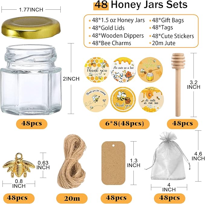Aliggbent 48 Pack Mini Honey Jars Party Favors in Bulk, 1.5 oz Small Hexagon - Image 2