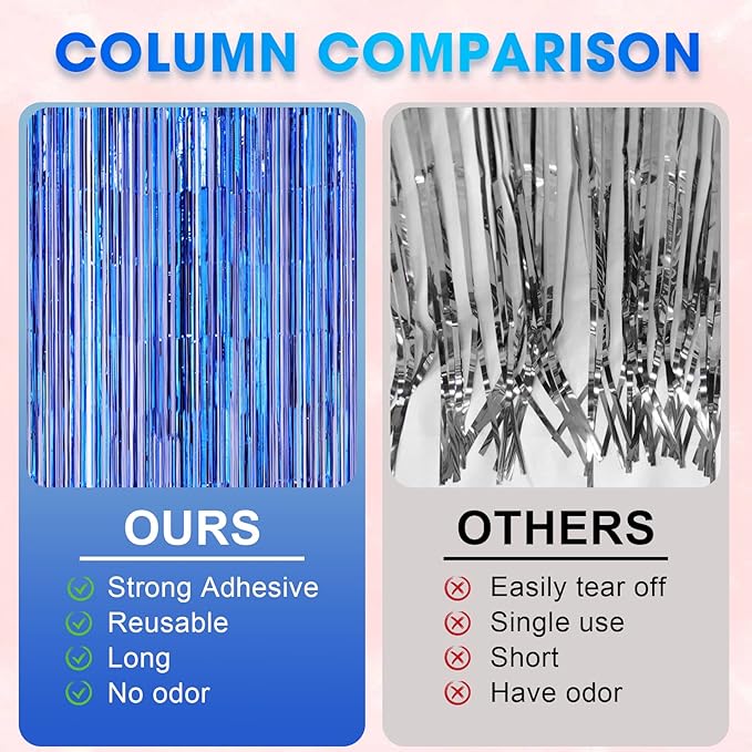 2 Pack Blue Foil Fringe Backdrop Curtains, Tinsel Streamers Party Decorations - Image 3
