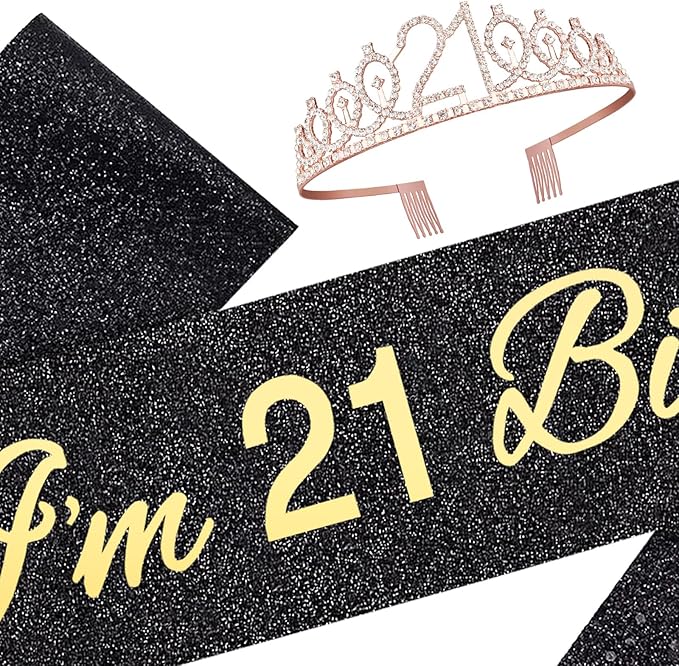 Glitter Black 21st Birthday Sash, Rhinestone Rose Gold Tiara, Cake Topper and - Image 2