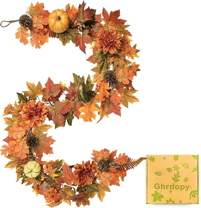 Artificial Fall Maple Leaves Garland Hanging Vine 6Ft Fake Pumpkin Pine Berries by Ghrdopy