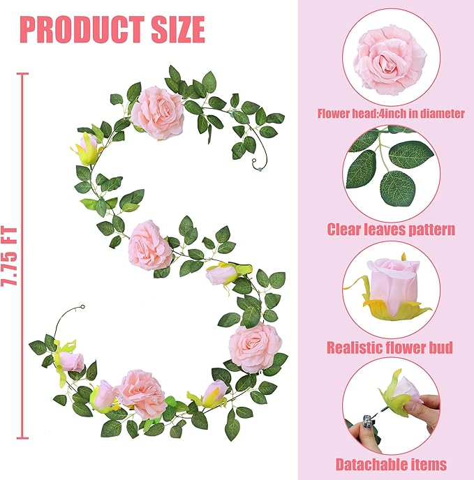 Sggvecsy 6Pcs 46.5Ft Artificial Rose Vine Fake Flower Garland Floral Garland - Image 7