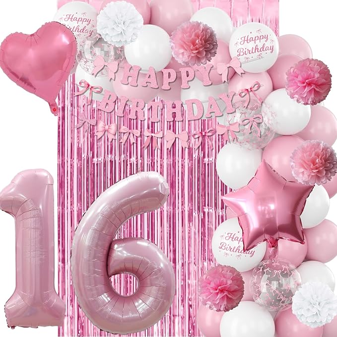 16th Birthday Decorations for Girls Pink Number 16 Balloon Bow Coquette Happy - Image 6