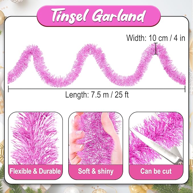 25 Feet Macaron Pink Christmas Tinsel Garland, Metallic Foil Twist Banner Wall - Image 2