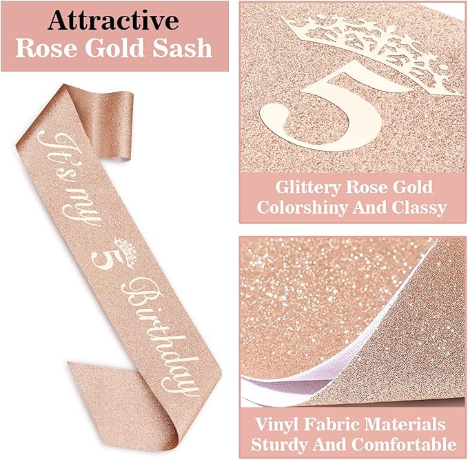 5th Birthday Decorations for Girls, Including Sash, Crown/Tiara, Cake Topper - Image 5