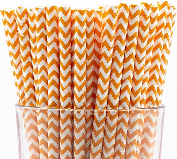 Pack of 900 Orange Chevron Biodegradable 4-Ply Paper Drinking Straws by Stephanie+Imports