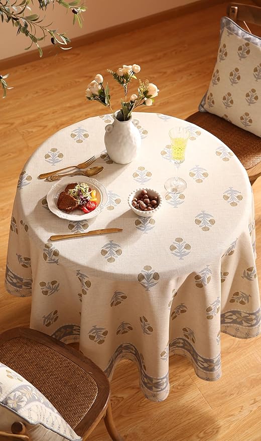 patdrea Designer Beige Round Tablecloth, Vintage Linen Yellow Floral Pattern - Image 6