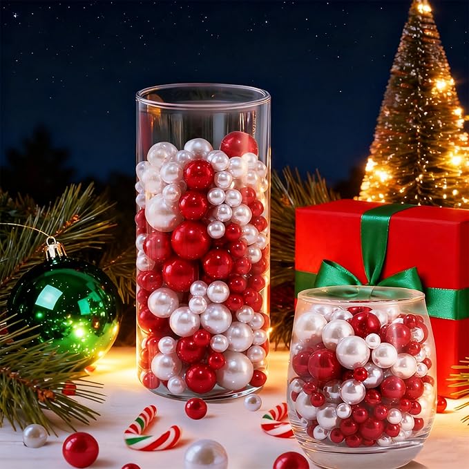260Pcs Red&White Glossy Beads for Centerpiece Decor, Artifical Pearls Vase - Image 5
