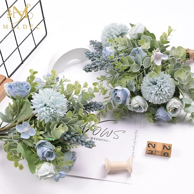 Meldel 3Pcs Rose Bouquet Blue Artificial Flowers Fake Eucalyptus Plants Silk - Image 5