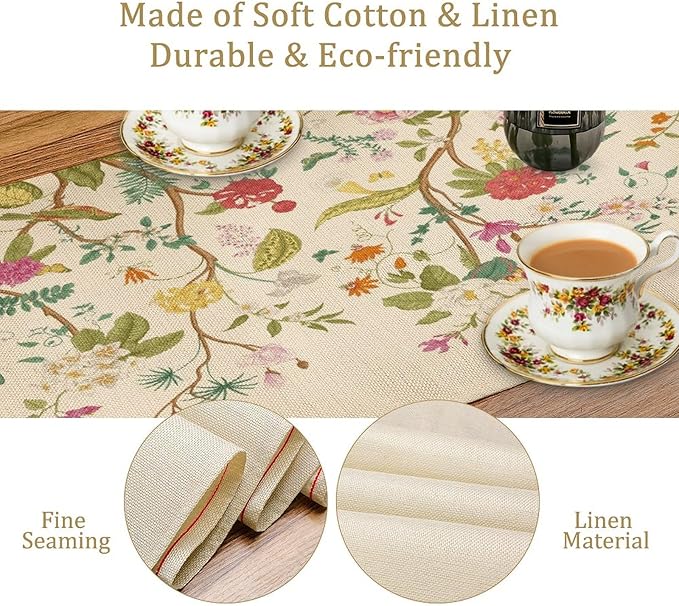 Floral Table Runner, Vintage Birds Wildflowers Herbs Nature Theme Linen Long - Image 4