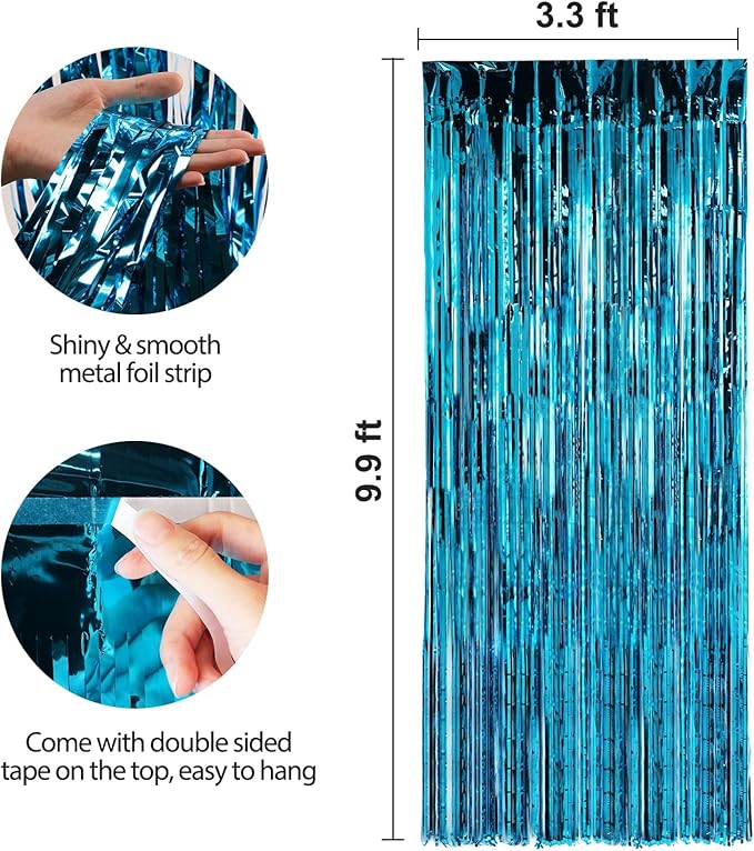 Crosize 3 Pack 3.3 x 9.9 ft Blue Foil Fringe Backdrop Curtain, Streamer - Image 2