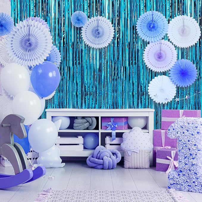 Crosize 2 Pack 3.3 x 9.9 ft Blue Foil Fringe Curtains Party Decorations - Image 4