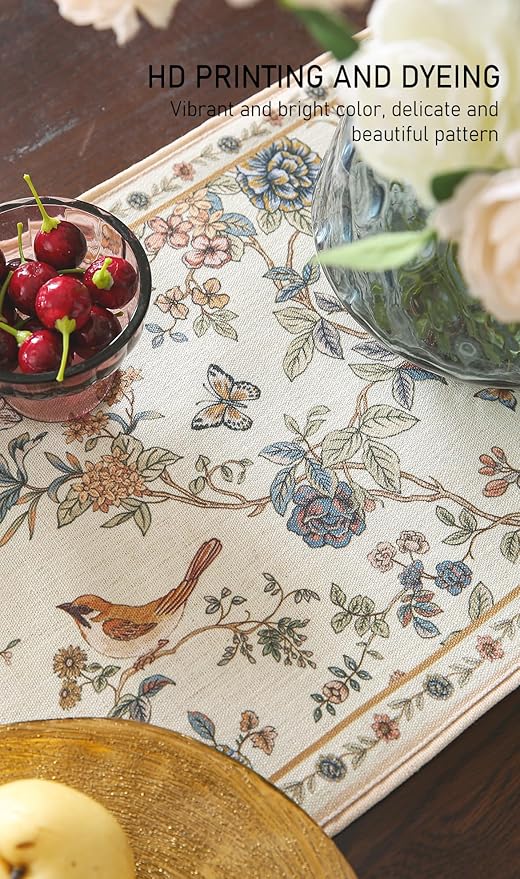 ISAENNE Designer Linen Table Runner 71 Inches Long, Elegant Floral Bird Pattern - Image 5
