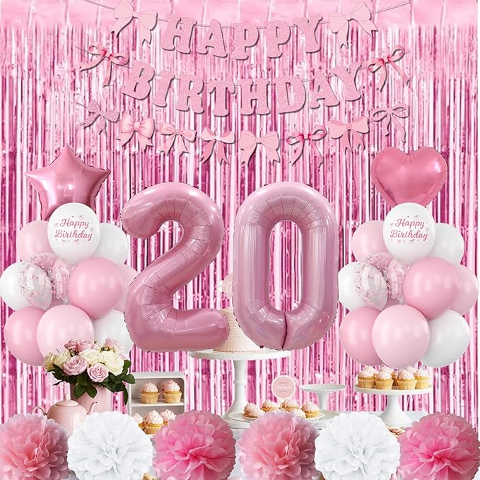 20th Birthday Decorations for Girls Pink Number 20 Balloon Bow Coquette Happy - Image 2