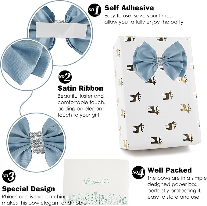 Satin Bows 4'' Premade Dusty Blue Ribbon Bow, Wrapping Bows - Image 3