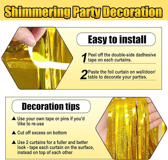 6 Pack Gold Foil Fringe Curtain Backdrop, 3.28Ft x 8.2Ft Metallic Tinsel Foil - Image 3