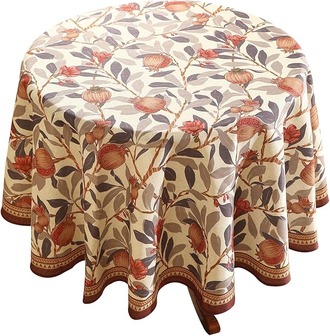 patdrea Designer Linen Small Round Tablecloth, Vintage Pomegranates and Leaves by Welcometopatdrea