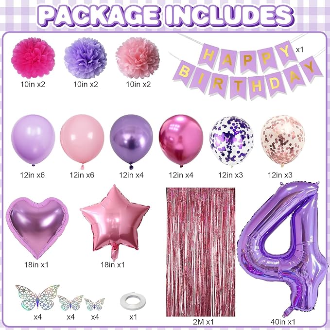 Pink Purple 4th Birthday Party Decorations - Image 3