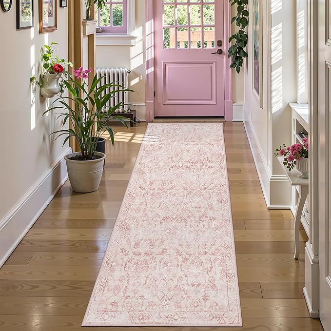 Pink 3x7 Runner Rug for Hallways Bed Side Kitchen, Boho Washable Distressed - Image 3