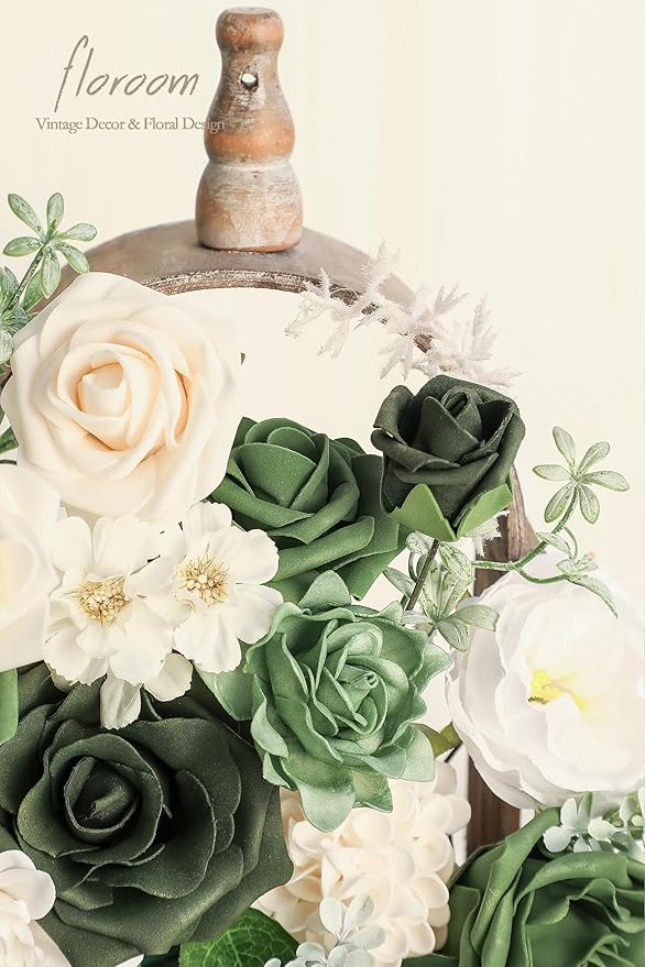Floroom Olive Green Artificial Flowers Forest Green Fake Roses Peonies Dahlia - Image 4