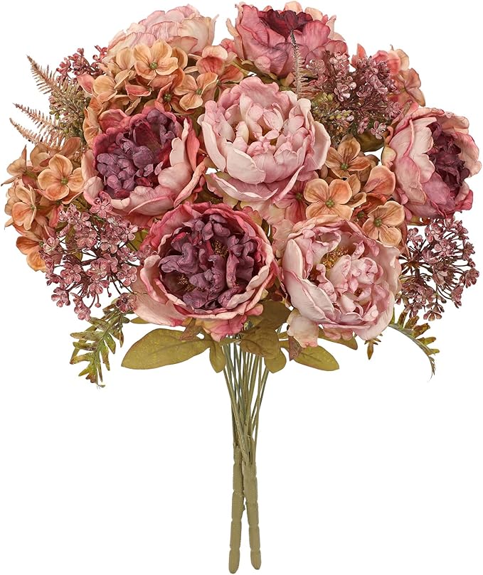 Hollyone 2Pcs Artificial Fall Flowers Bouquet 18.8" Pink Dried Peony Hydrangea by Hollyone