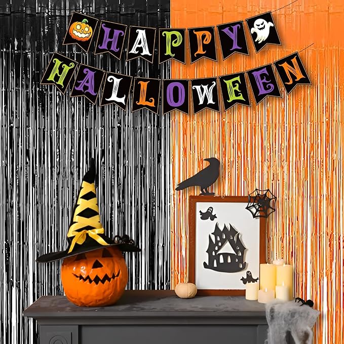 BRAVESHINE 1 Black 1 Orange Tinsel Photo Backdrop Curtains - Image 2