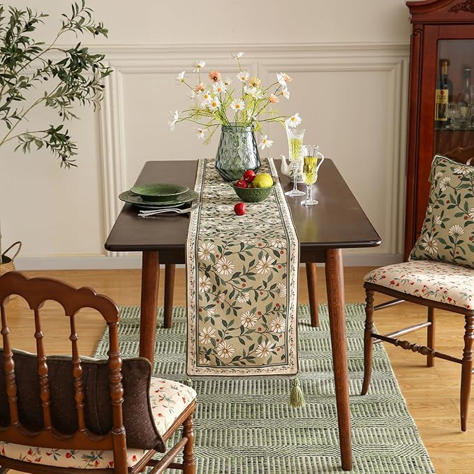 ISAENNE Designer Green Elegant Linen Table Runner 71 Inches Long, Flower and - Image 8