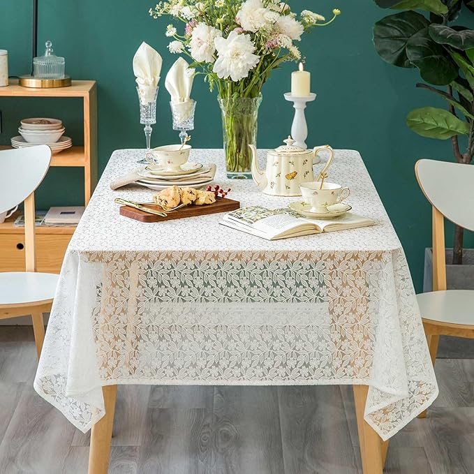 Lace Tablecloth Leaf Pattern Warp Knitting Fabric Solid White Rectangle/Oblong - Image 2